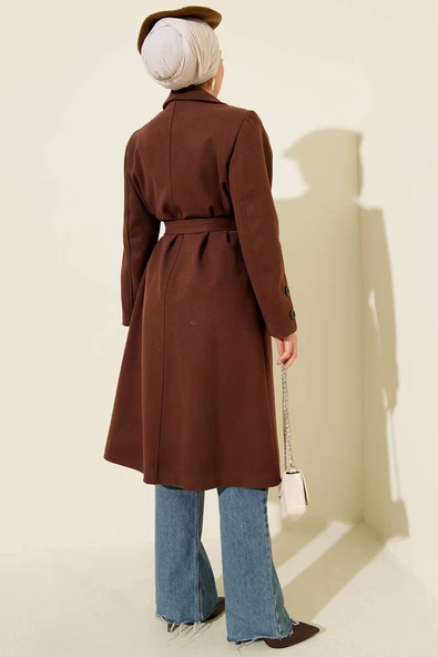 Kol Düğmeli Kuşaklı Kaşe Kaban Kestane - Resim 3