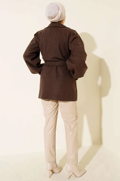 Balon Kol Kuşaklı Kısa Kaban Kahve - Resim 3