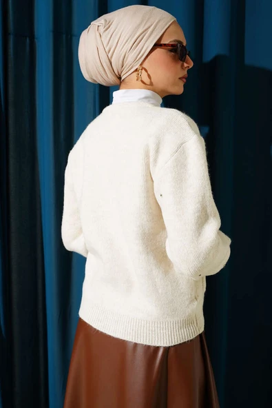 Taşlı Fermuarlı Kısa Triko Hırka Taş - Resim 3