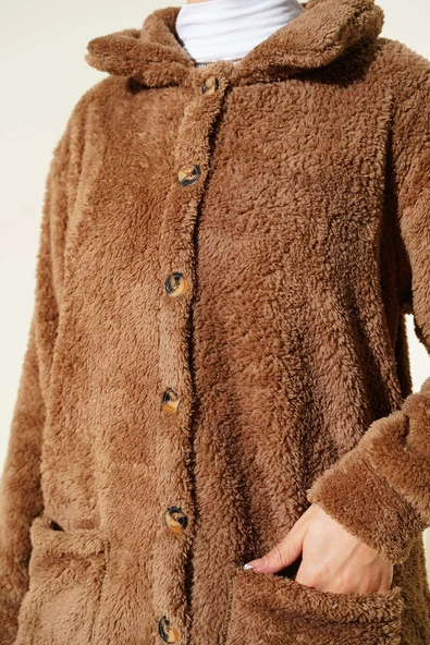 Düğmeli Peluş Hırka Vizon - Resim 4