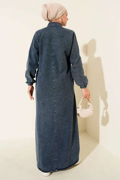 Gömlek Yaka Düğmeli Kot Elbise Koyu Mavi - Resim 3