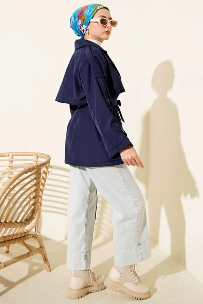 Omuz Apoletli Kuşaklı Trençkot Lacivert - Resim 3