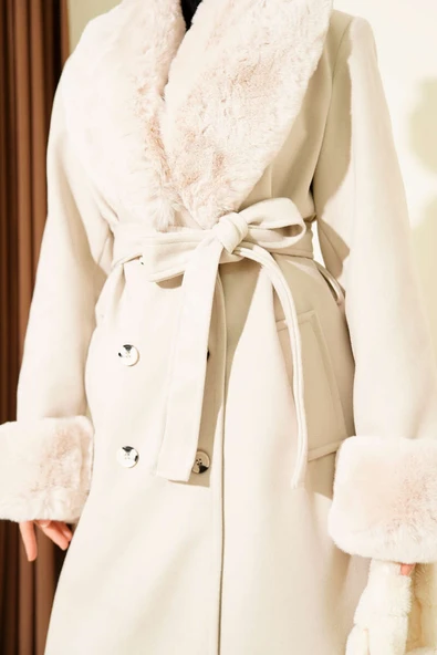 Yaka ve Bilek Kürklü Kaşe Kaban Taş - Resim 4