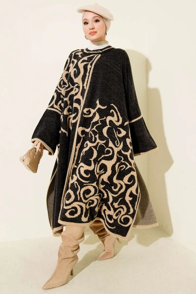 Angora Detaylı Yaka Düğmeli Panço Siyah - Resim 2