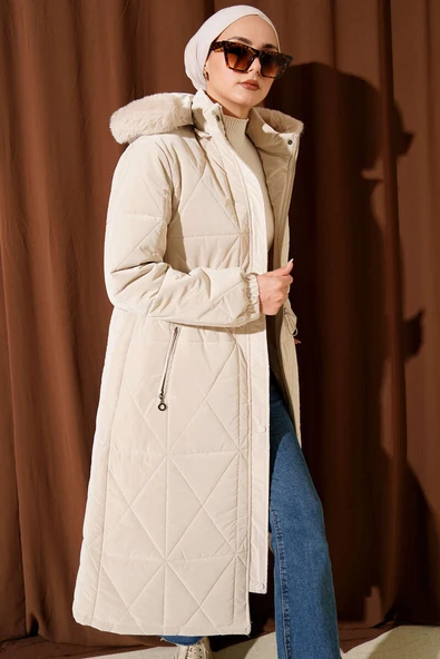 Kapüşonlu Baklava Kapitone Uzun Mont Taş - Resim 2