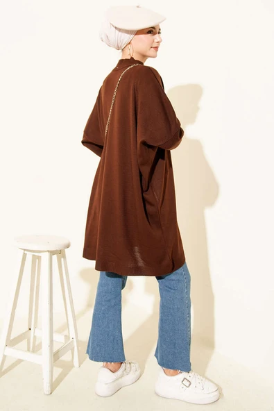 Kol Ribanalı Oversize Triko Tunik Kahve - Resim 3