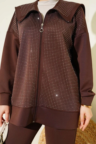 Önü Minik Taşlı Scuba İkili Takım Kahve - Resim 4