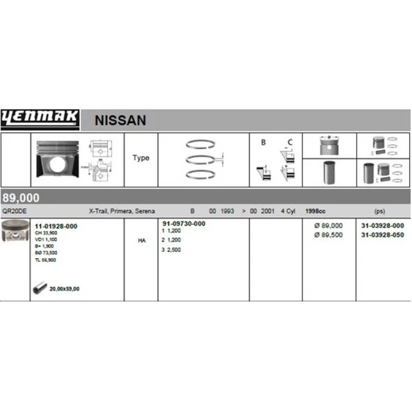 Nissan Piston Segman Std Nissan X-Traıl-Primera-Serena 2.0 2000 -> 89.00mm (qr20de) - Yenmak 31-03928-000 ürün görseli 1