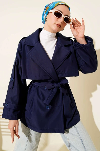 Omuz Apoletli Kuşaklı Trençkot Lacivert ürün görseli 1