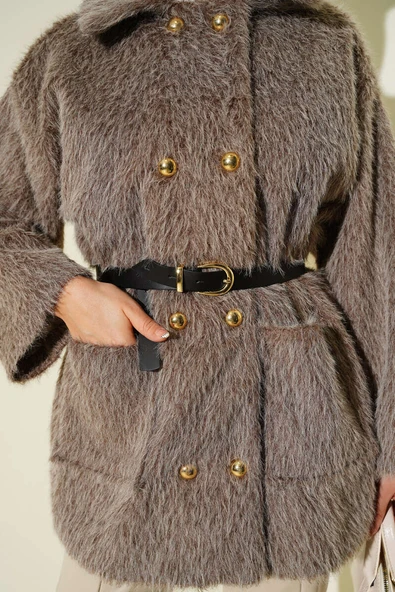 Gold Düğmeli Sakallı Kemerli Ceket Vizon - Resim 4