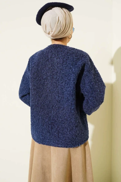 Gold Düğmeli Keçe Kısa Ceket Lacivert - Resim 3