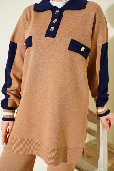 Gömlek Yaka Düğmeli Triko İkili Takım Latte - Resim 4