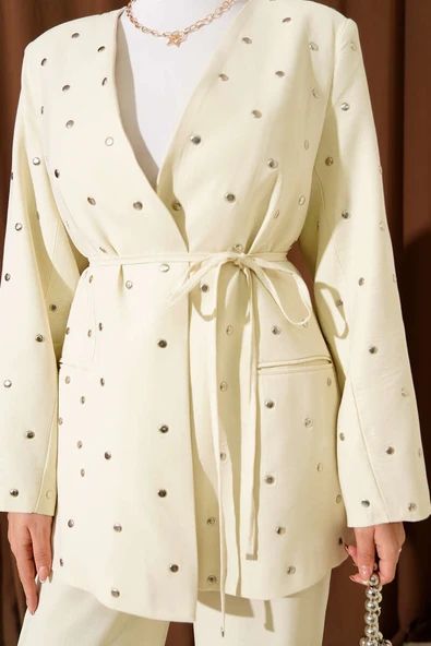 Zımbalı Ceketli Tencel İkili Takım Bej - Resim 4