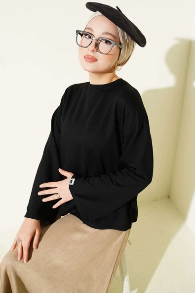 Loyşa Bilek Armalı Basic Bluz Siyah ürün görseli 1