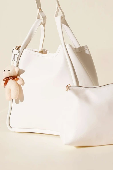 Çıtçıtlı Makyaj Çantalı Kadın El Çantası Beyaz - Resim 3