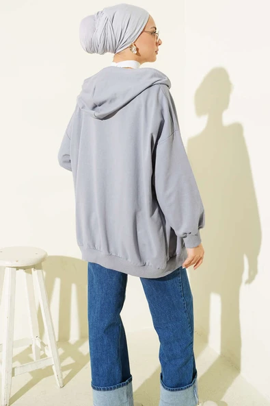 Kapüşonlu Fermuarlı Salaş Hırka Kayrak Grisi - Resim 3