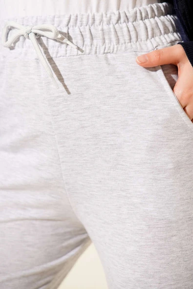 Beli Lastikli İki İplik Pantolon Melanj Gri - Resim 4