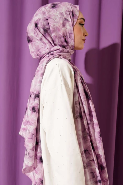 Çiçek Desenli Rami Şal Lila - Resim 3