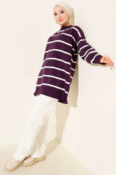 Bisiklet Yaka Yatay Çizgili Triko Tunik Mor - Resim 2
