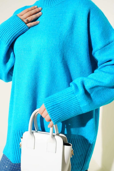 Düşük Omuz Salaş Triko Tunik Turkuaz - Resim 4