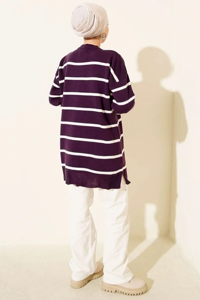 Bisiklet Yaka Yatay Çizgili Triko Tunik Mor - Resim 3