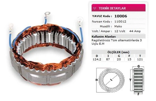 Fiat Stator Mako Tip 12v 44a 3 Uclu Em Nursan 110012 - Yavuz 10 006 ürün görseli