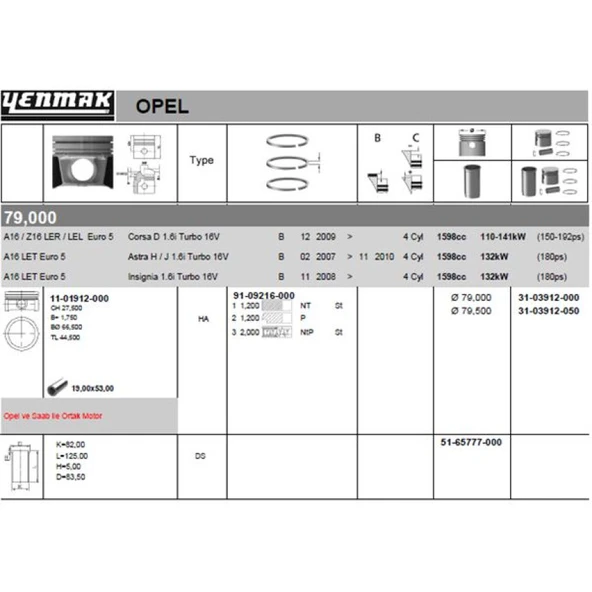 Opel Motor Piston Segman Takım Komple 0.50 (79.50mm) İnsignia A – Astra J – Meriva A – Z16let – A16let - Yenmak 31-03912-050 ürün görseli 1