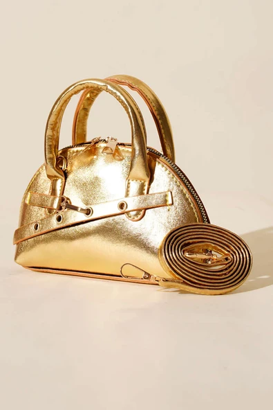 Fermuarlı Oval Mini El Çanta Gold ürün görseli 1