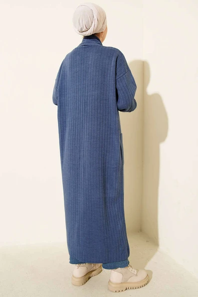 Kol Ucu Düğmeli Şal Yaka Triko Hırka İndigo - Resim 3