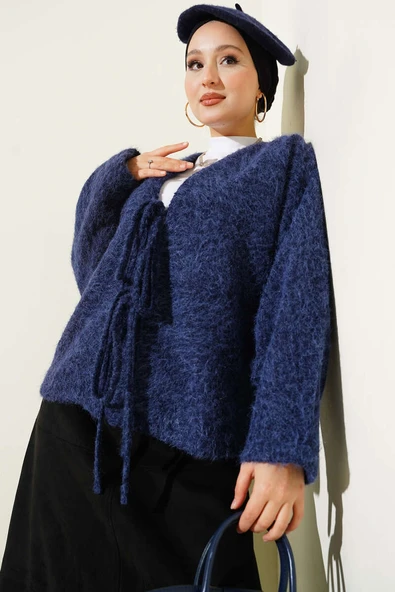 Önü Bağlamalı Keçe Kısa Ceket Lacivert ürün görseli 1