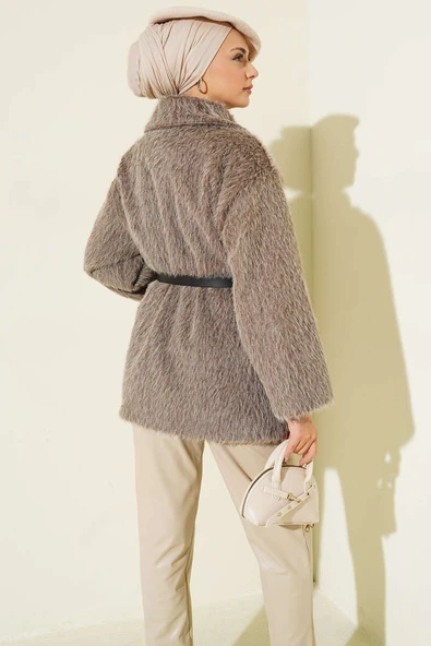 Gold Düğmeli Sakallı Kemerli Ceket Vizon - Resim 3