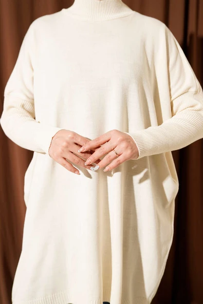 Kol Ribanalı Oversize Triko Tunik Bej - Resim 4