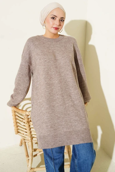 Yan Yırtmaçlı Yumoş Uzun Triko Tunik Vizon ürün görseli 1