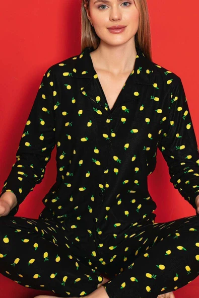 Gömlek Yaka Limon Nakışlı Süet Pijama Takımı Siyah - Resim 2