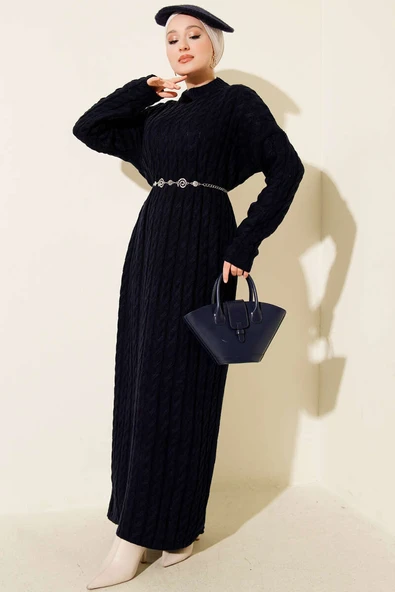 Saç Örgülü Basic Triko Elbise Lacivert ürün görseli 1