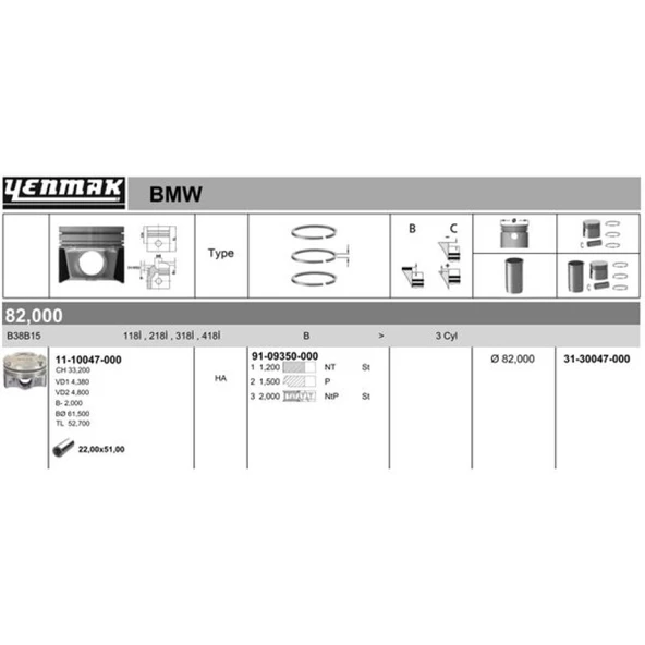 Bmw Piston Segman Std 82mm Bmw F20 F21 F52 F22 F23 F45 F30 B48 B38 - Yenmak 31-30047-000 ürün görseli