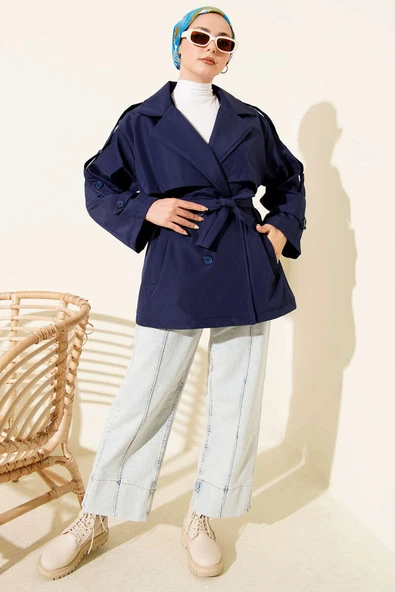 Omuz Apoletli Kuşaklı Trençkot Lacivert - Resim 2