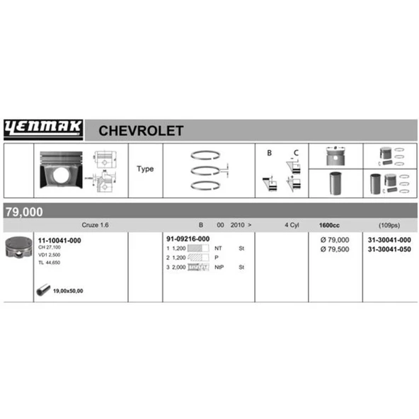 Opel Piston Segman 050 Farklı 79,5 MM Astra, Cruze 1.6 109 Ps - Yenmak 31-30041-050 ürün görseli 1