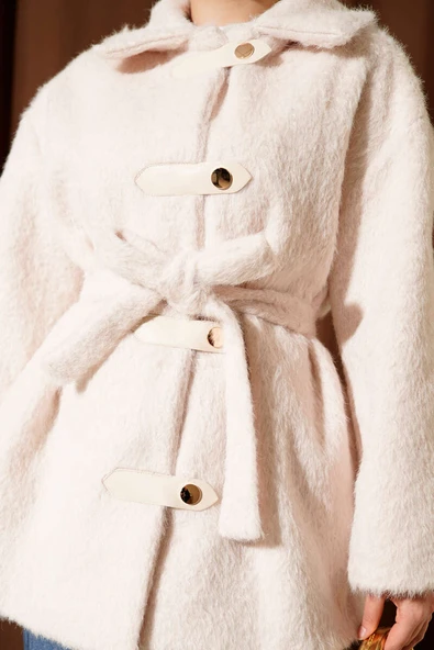 Deri Çıtçıtlı Sakallı Kuşaklı Ceket Ekru - Resim 4