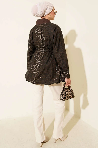 Etek Ucu Gizli Lastikli Leopar Trençkot Kahve - Resim 3