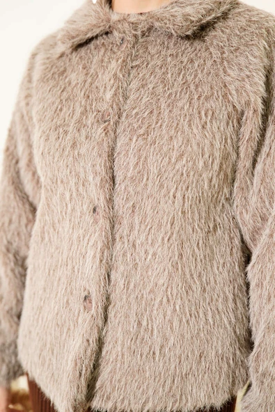 Düğmeli Sakallı Kısa Ceket Vizon - Resim 4