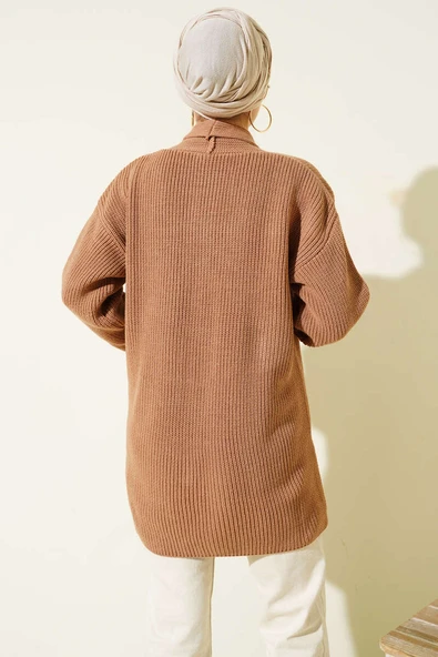 Şal Yaka Pirinç Örgü Triko Hırka Latte - Resim 3
