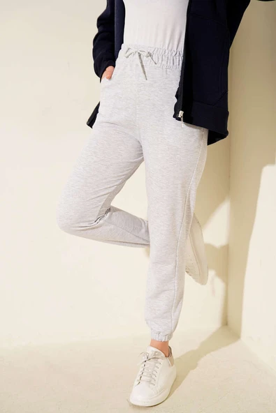 Beli Lastikli İki İplik Pantolon Melanj Gri ürün görseli 1