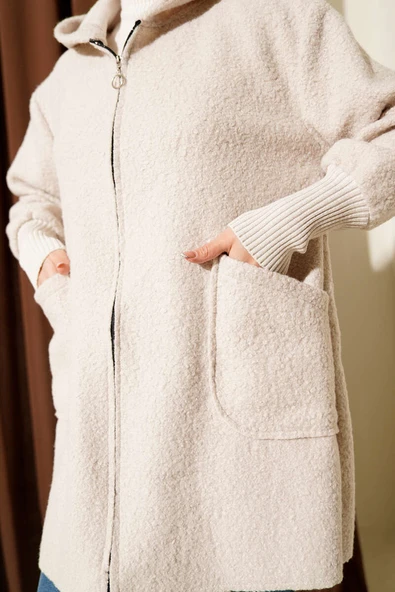 Bilek Ribanalı Kapüşonlu Buklet Hırka Bej - Resim 4