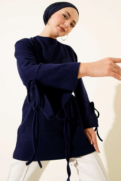 Bilek İpli Fitilli Kaşe Tunik Lacivert ürün görseli 1