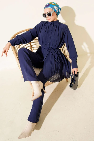 Pileli Düğmeli Şifon İkili Takım Lacivert ürün görseli 1