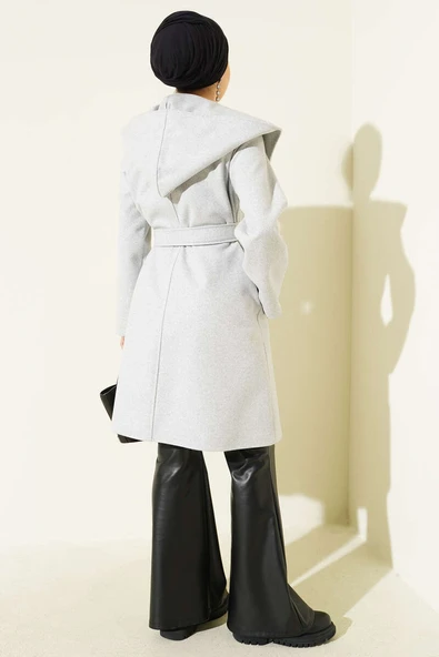 Kuşaklı Kapüşonlu Kaşe Kaban Gri - Resim 3