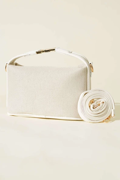 Kilit Sap Detaylı Kanvas Çanta Beyaz ürün görseli 1