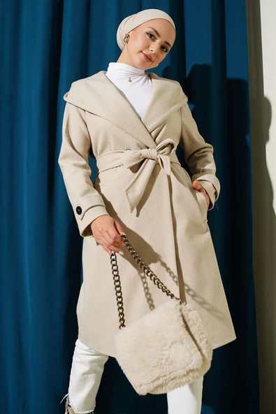 Kapüşonlu Düğmeli Kaşe Kaban Bej ürün görseli 1