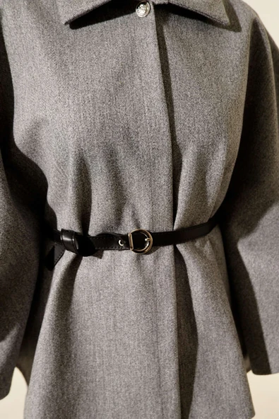 Kemerli Gömlek Yaka Kaşe Panço Gri - Resim 4